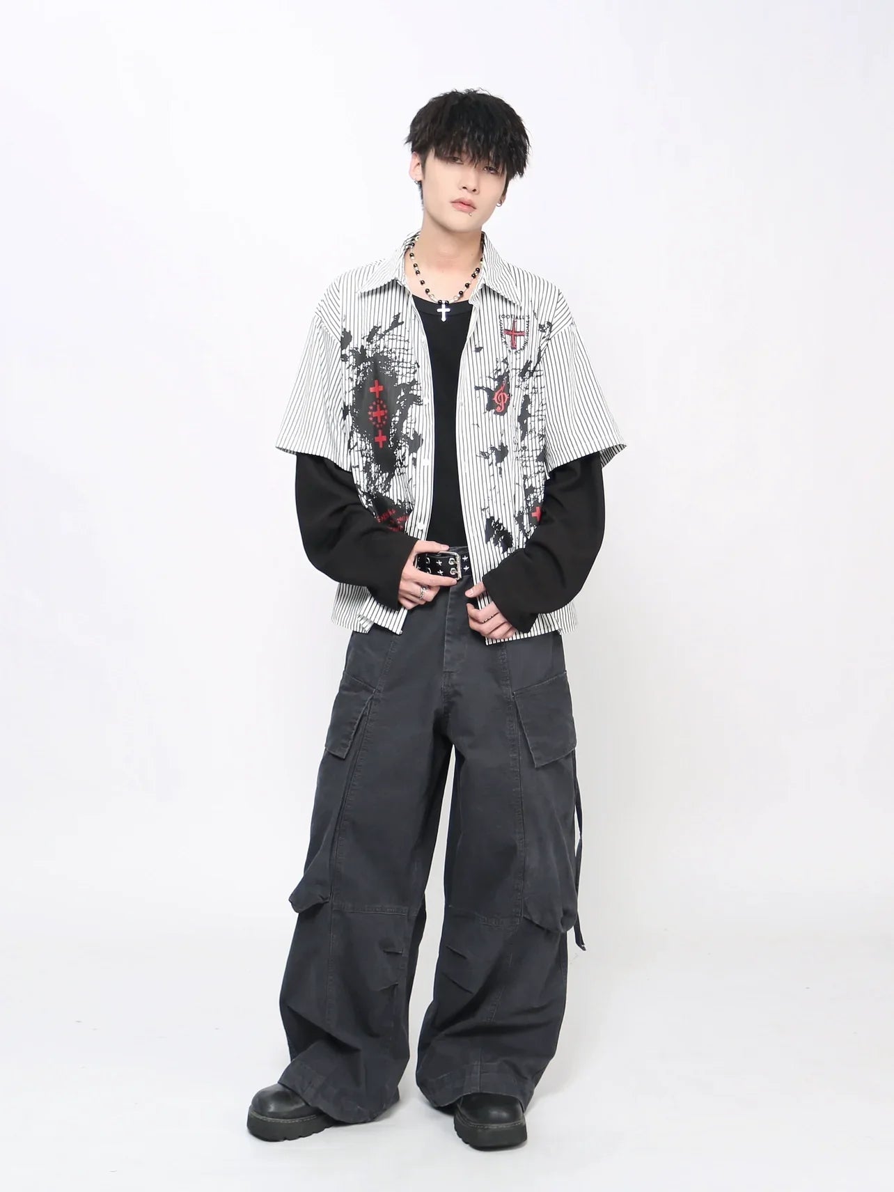 Graffiti Gothic Print Fake Layered Long Sleeve Shirt
