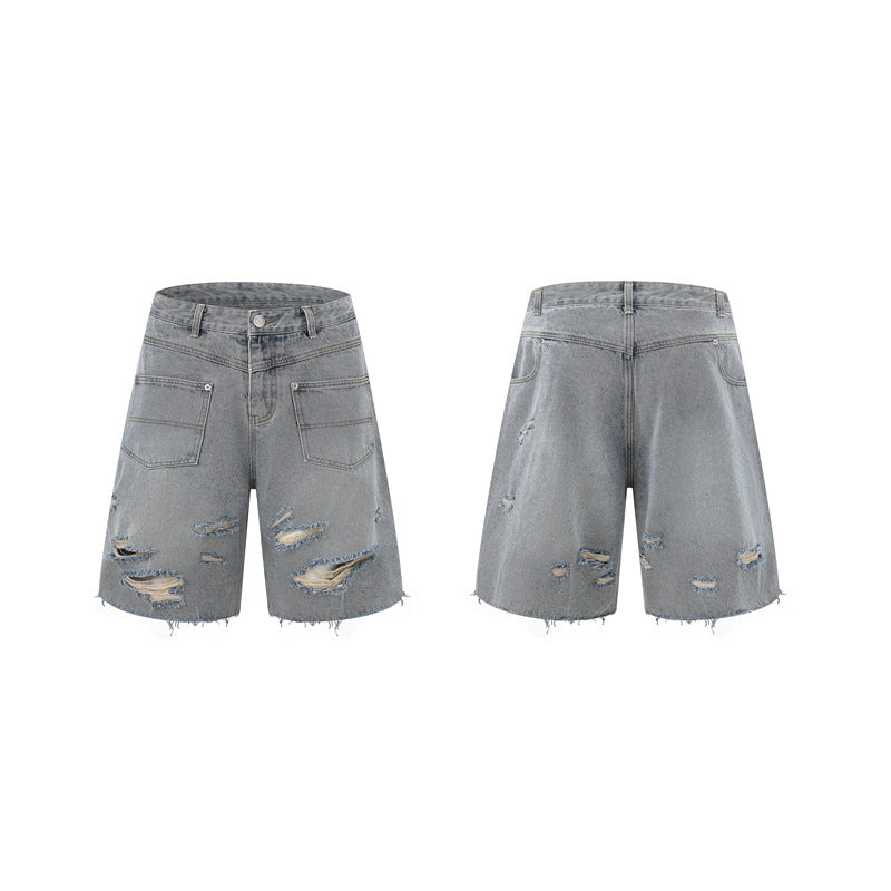 Washed Damage Wide Leg Denim Short Pants