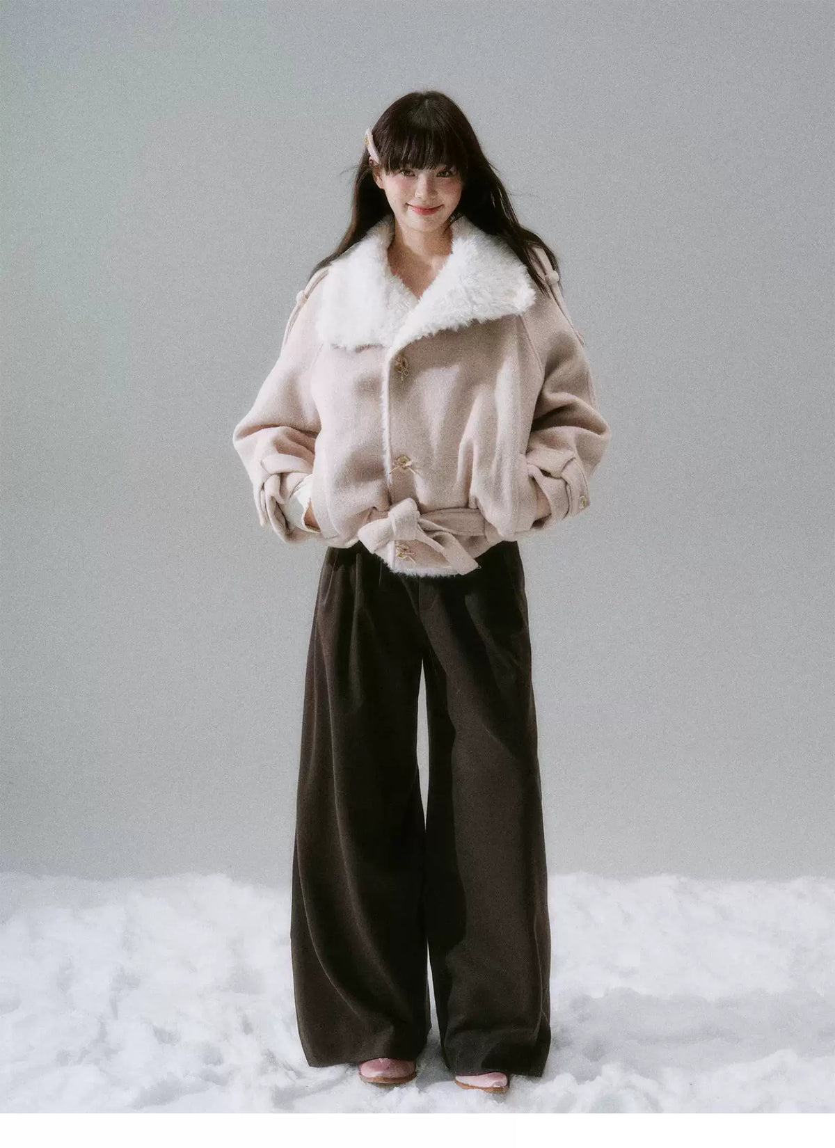 Fake Fur Collar Belted Jacket