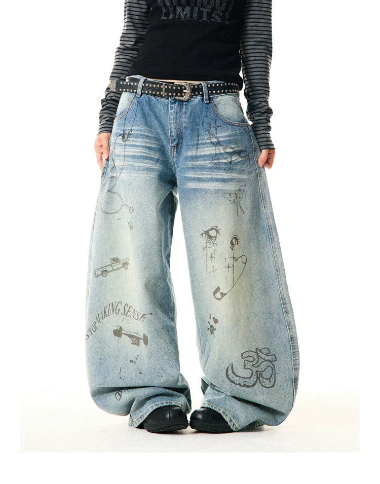 Washed Graffiti Print Wide Leg Denim Jeans