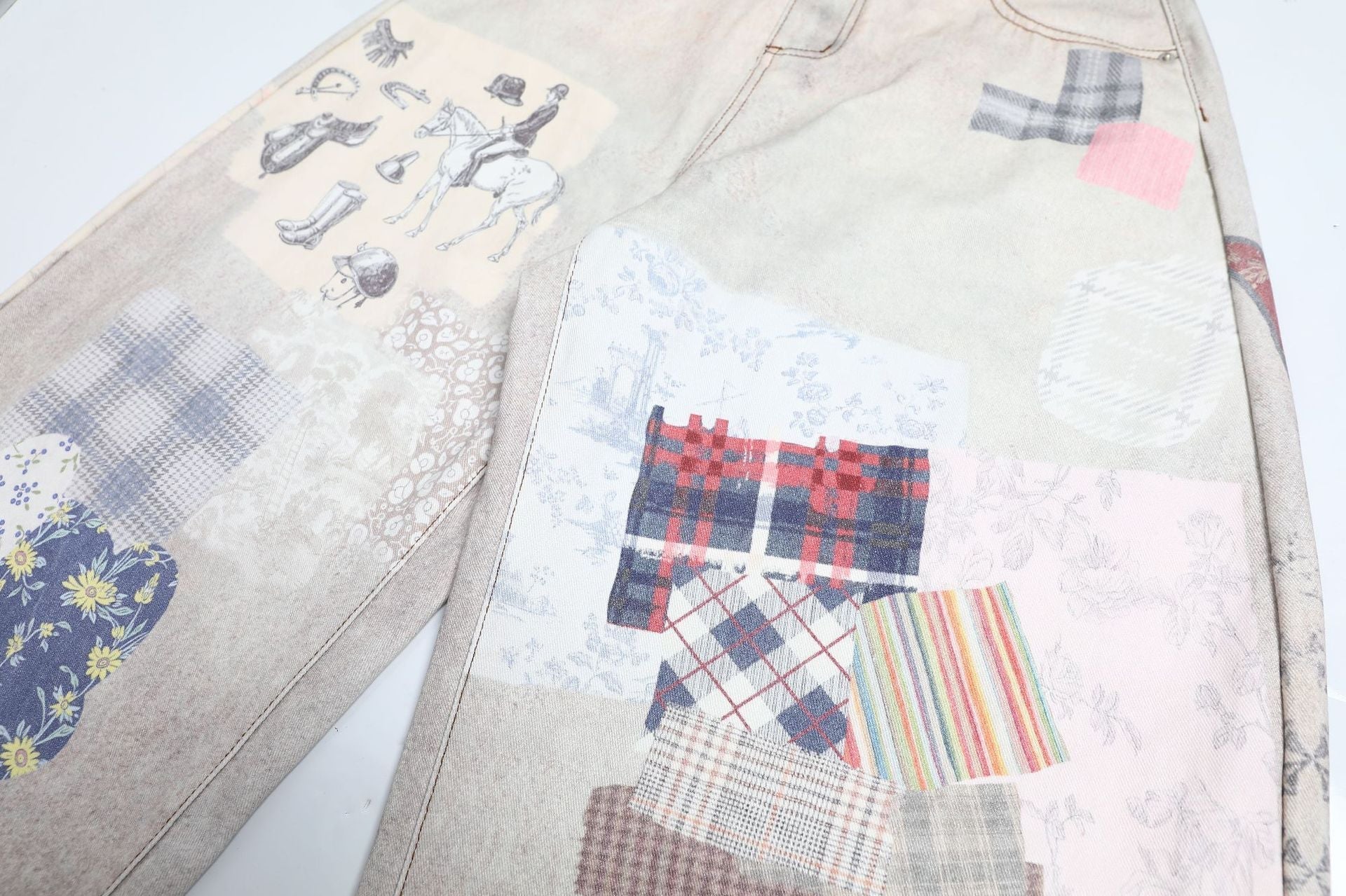 Collage Print Wide Leg Denim Jeans