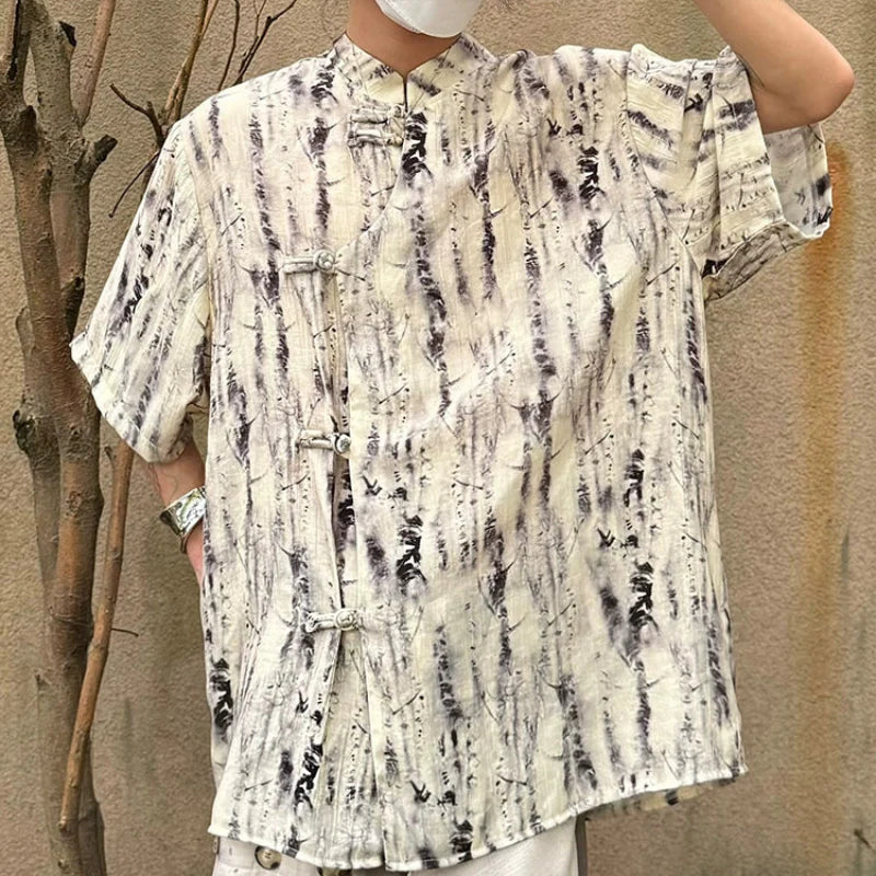 Tie-Dye Frog Button Standing-Collar Short Sleeve Shirt