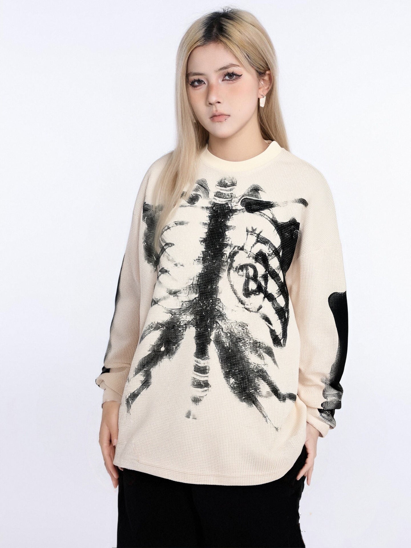 Skeleton Print Waffle Long Sleeve T-Shirt