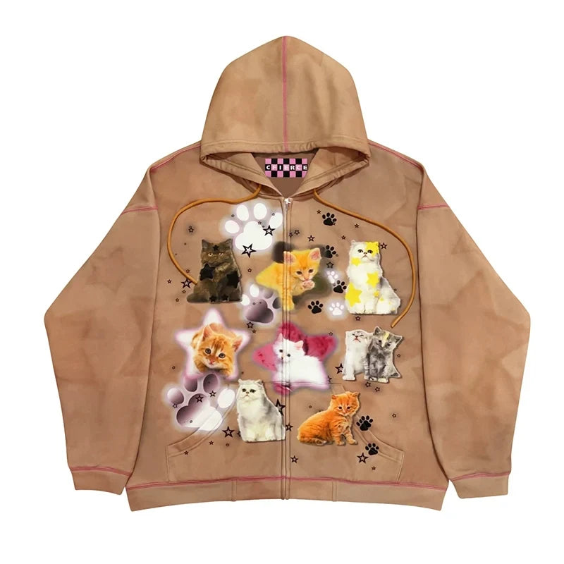 Cat Print Zipper Hoodie