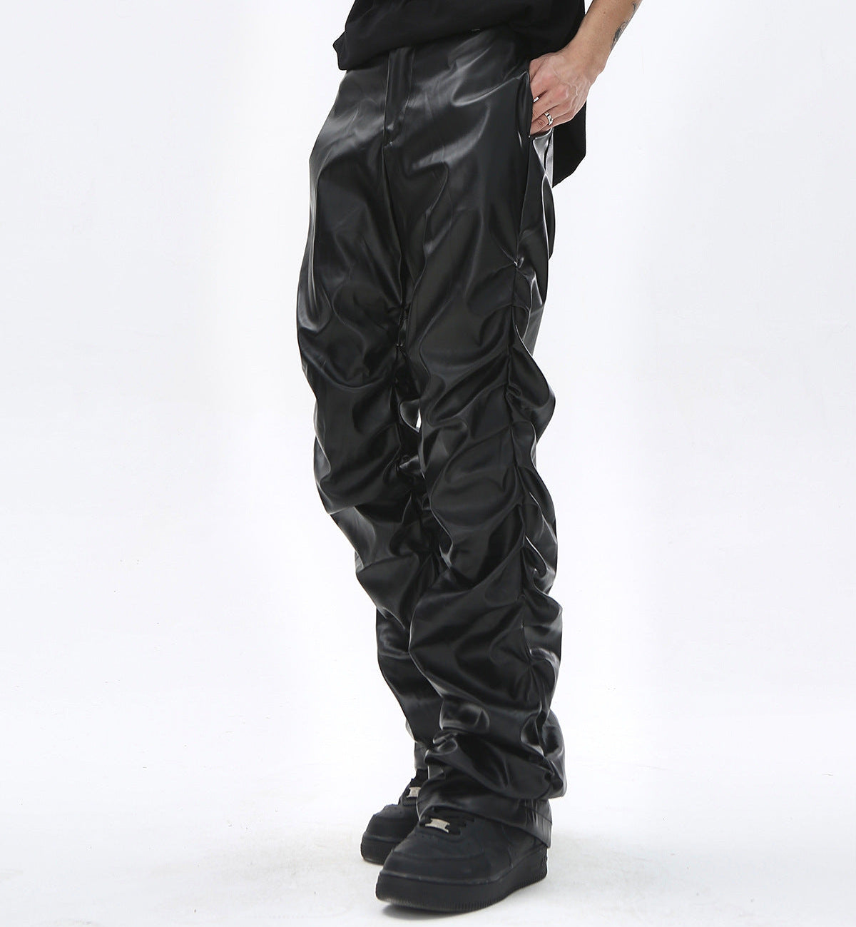 PU Leather Pleats Straight Pants