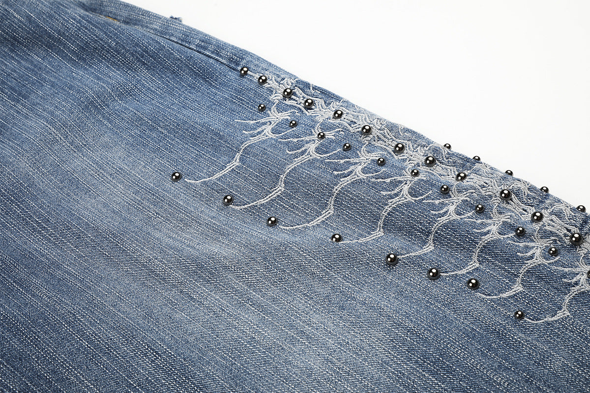 Embroidery Bead Wide Leg Short Denim Pants