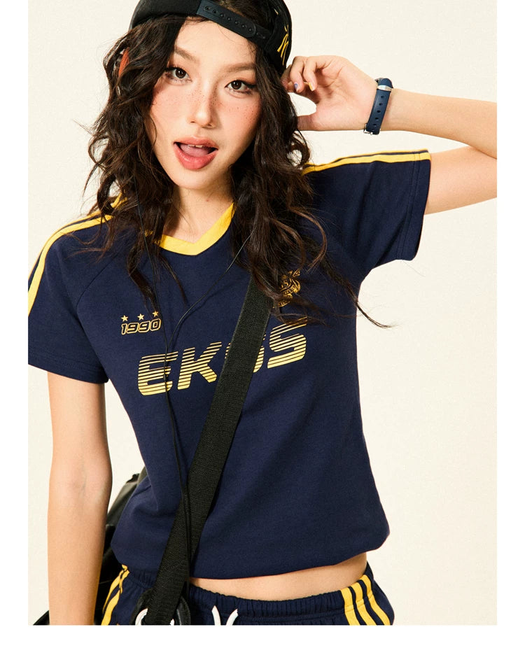 Stripe Letter Print Short Sleeve T-Shirt & Short Pants Setup