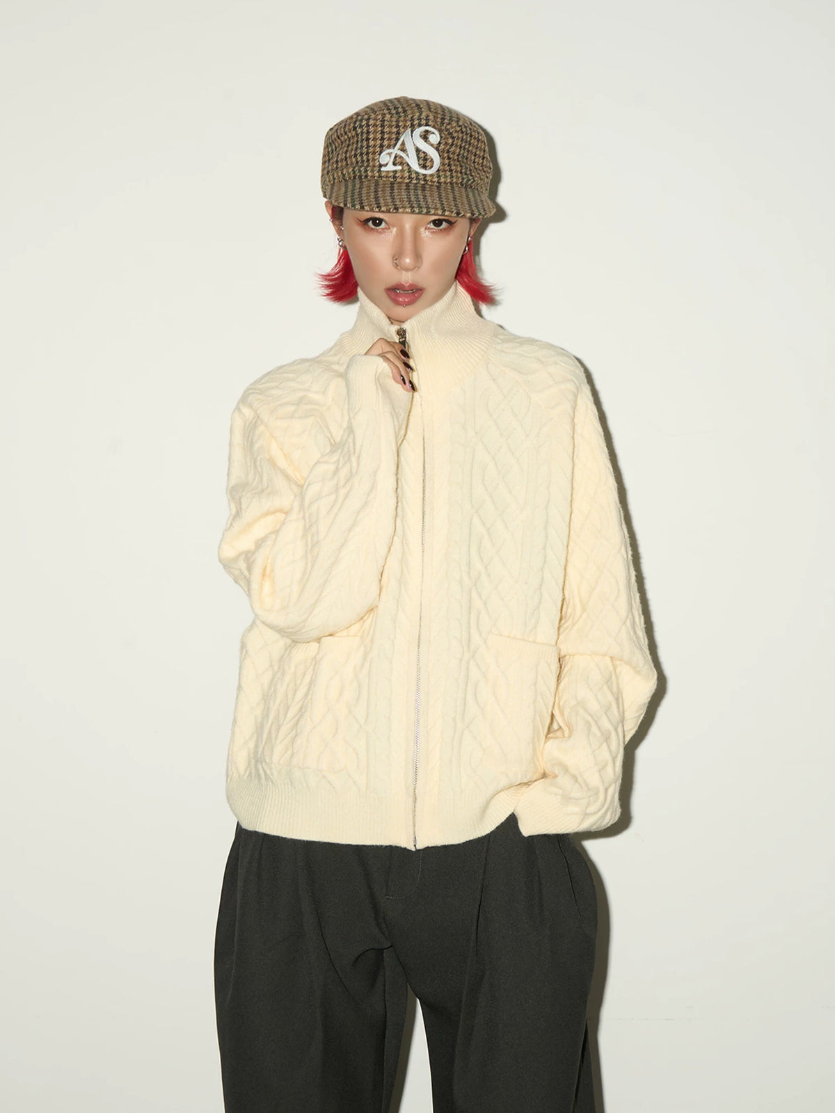 Cable Knit Stand Neck Zipper Knit Cardigan