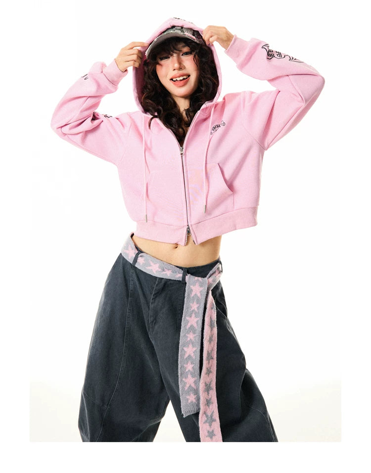 Gothic Logo Print Cropped Zipper Hoodie
