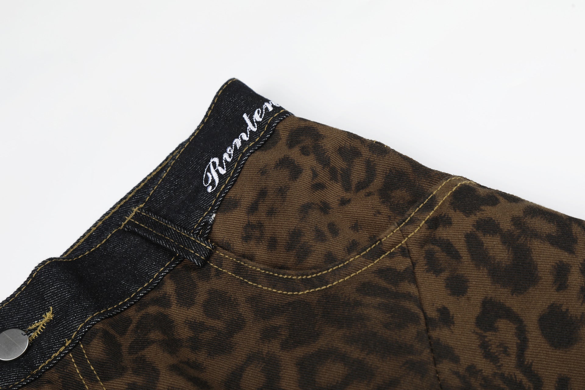 Leopard Print Curved Wide Leg Denim Jeans