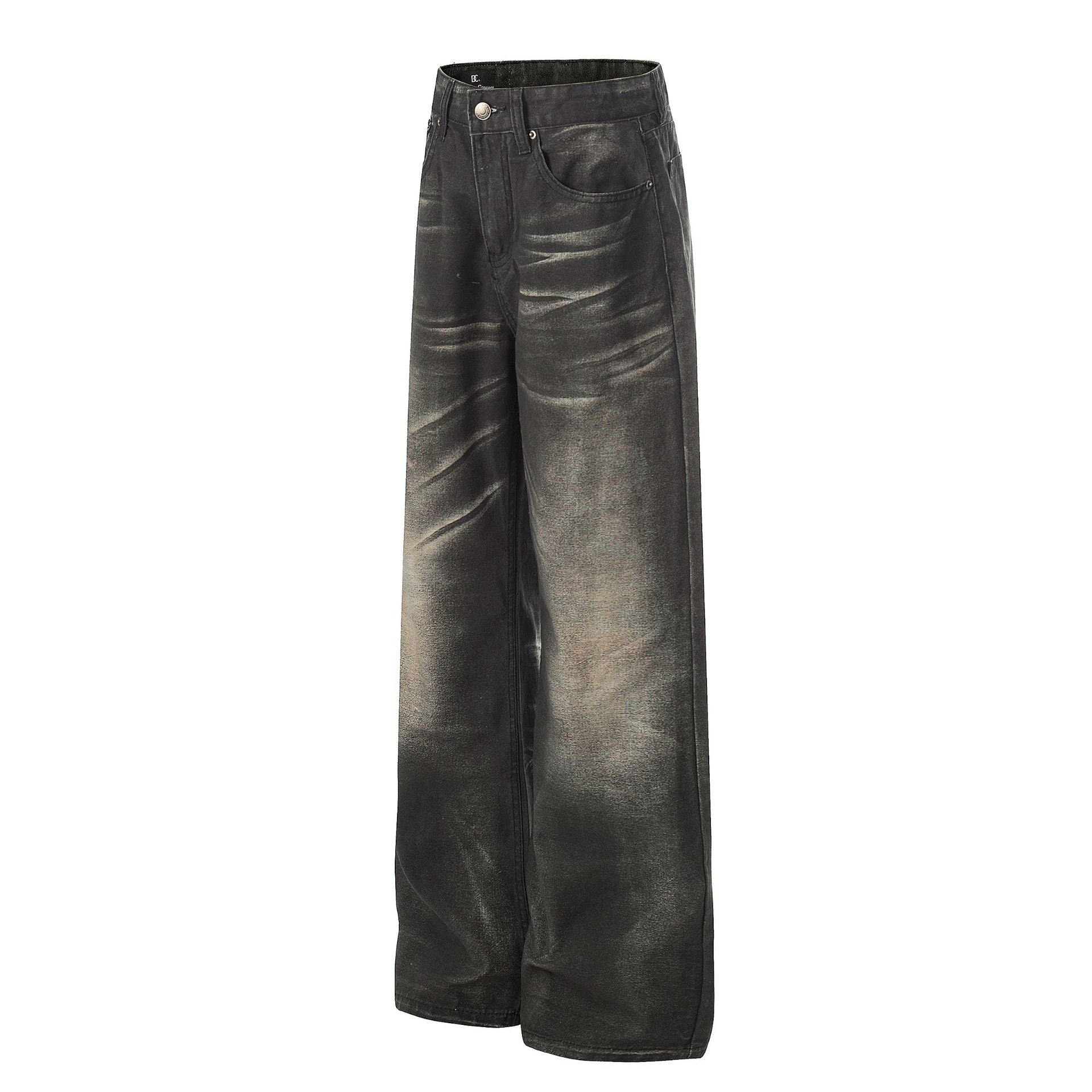 Washed Fade Whisker Wide Leg Straight Denim Jeans