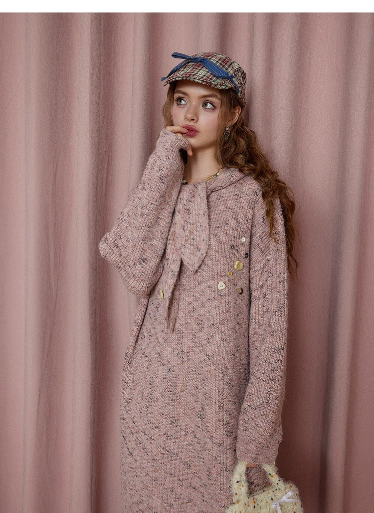 Robe longue ample à manches longues en maille avec capuche