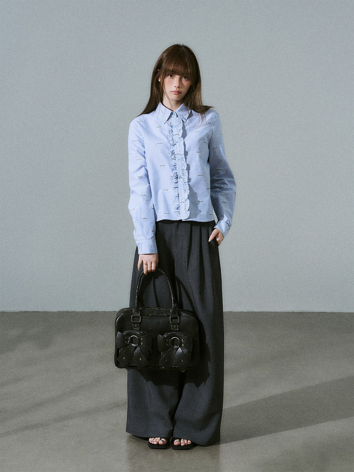 Ruffle Placket Striped Button-Up Long Sleeve Shirt