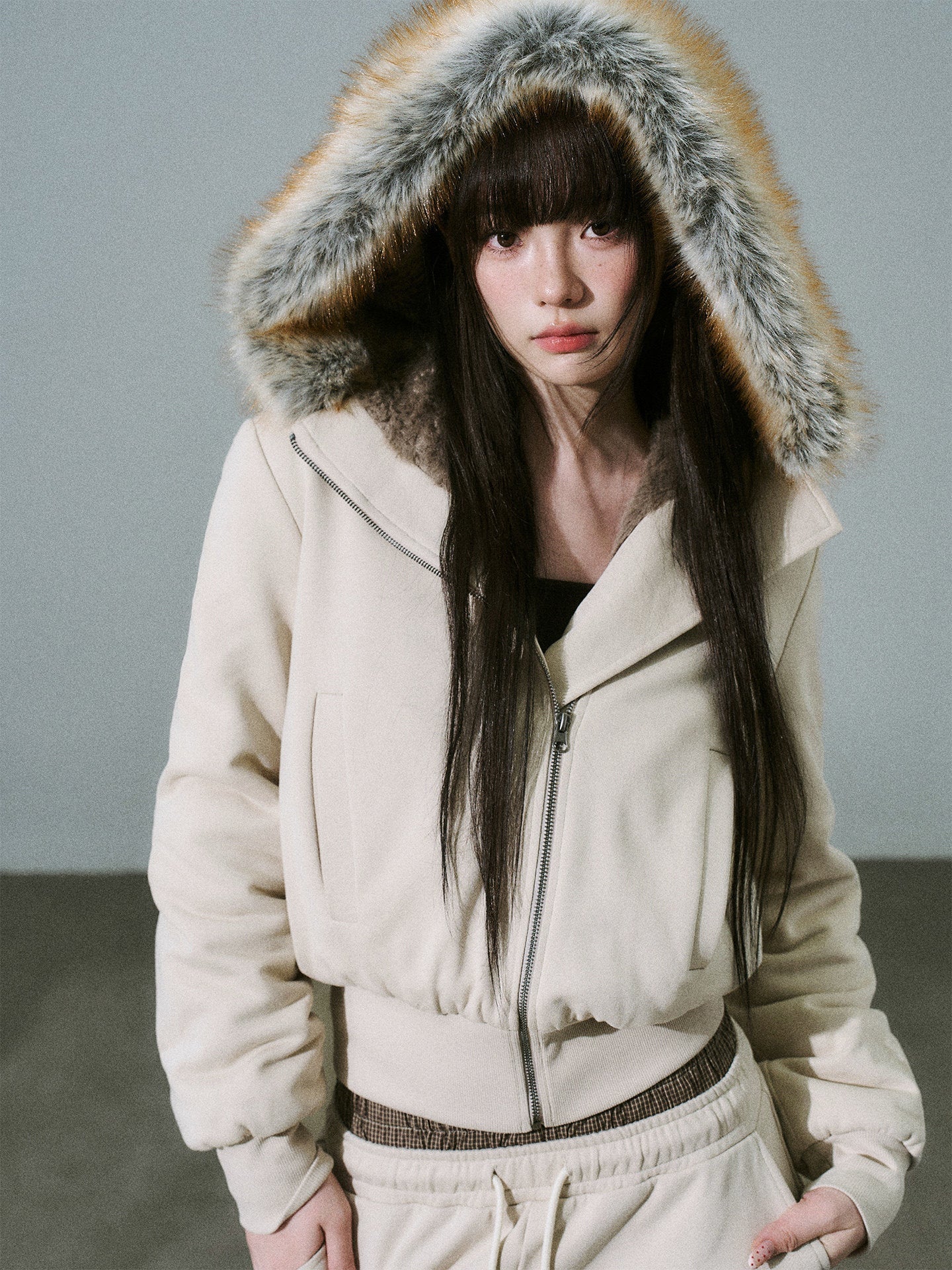 Fake Fur Hooded Zip-Up Jacket & Seatpants Setup