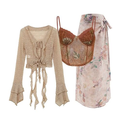 Conjunto de cárdigan y vestido con tirantes inspirado en Hanfu - S / Top caqui