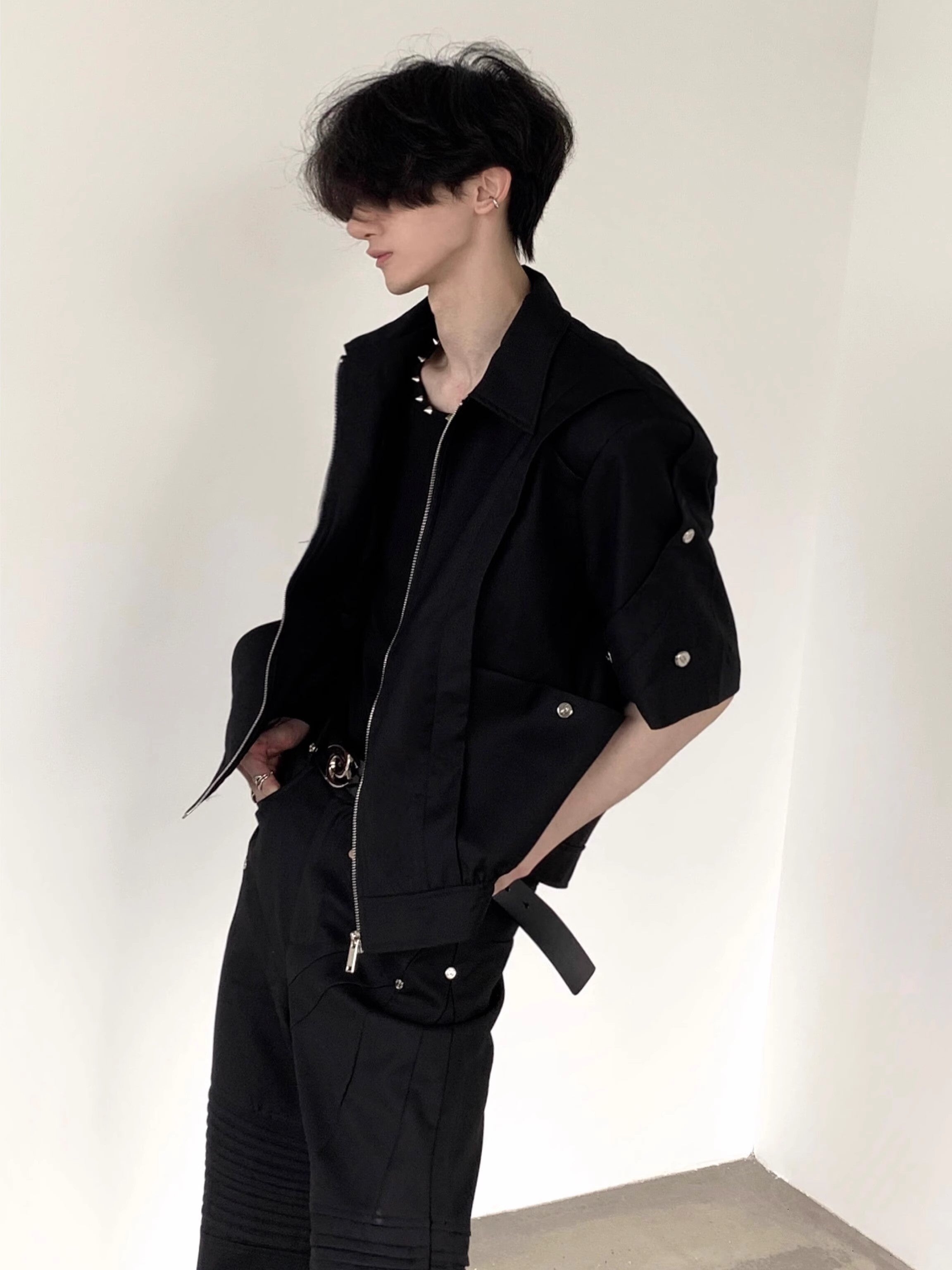 Stand Neck Short Sleeve Zipper Shoulder Pad Jacket
