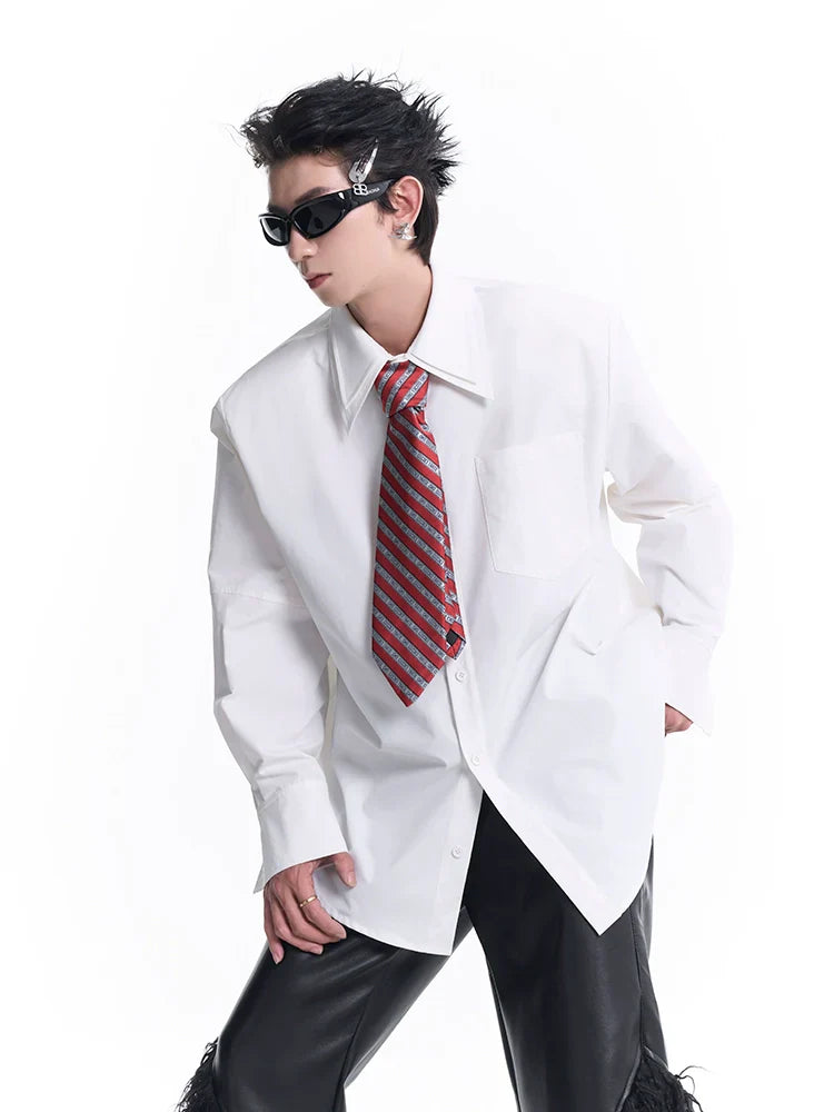 Double Pleated Collar Shoulder Pad Long Sleeve Shirt