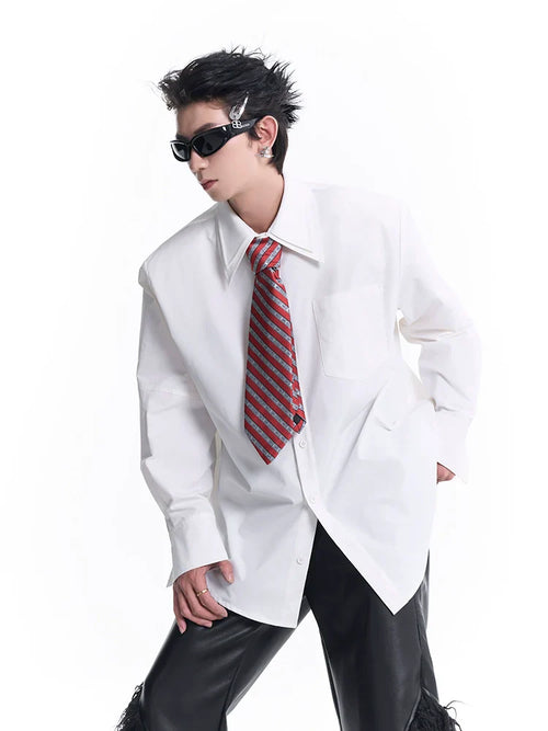 Double Pleated Collar Shoulder Pad Long Sleeve Shirt - white / S