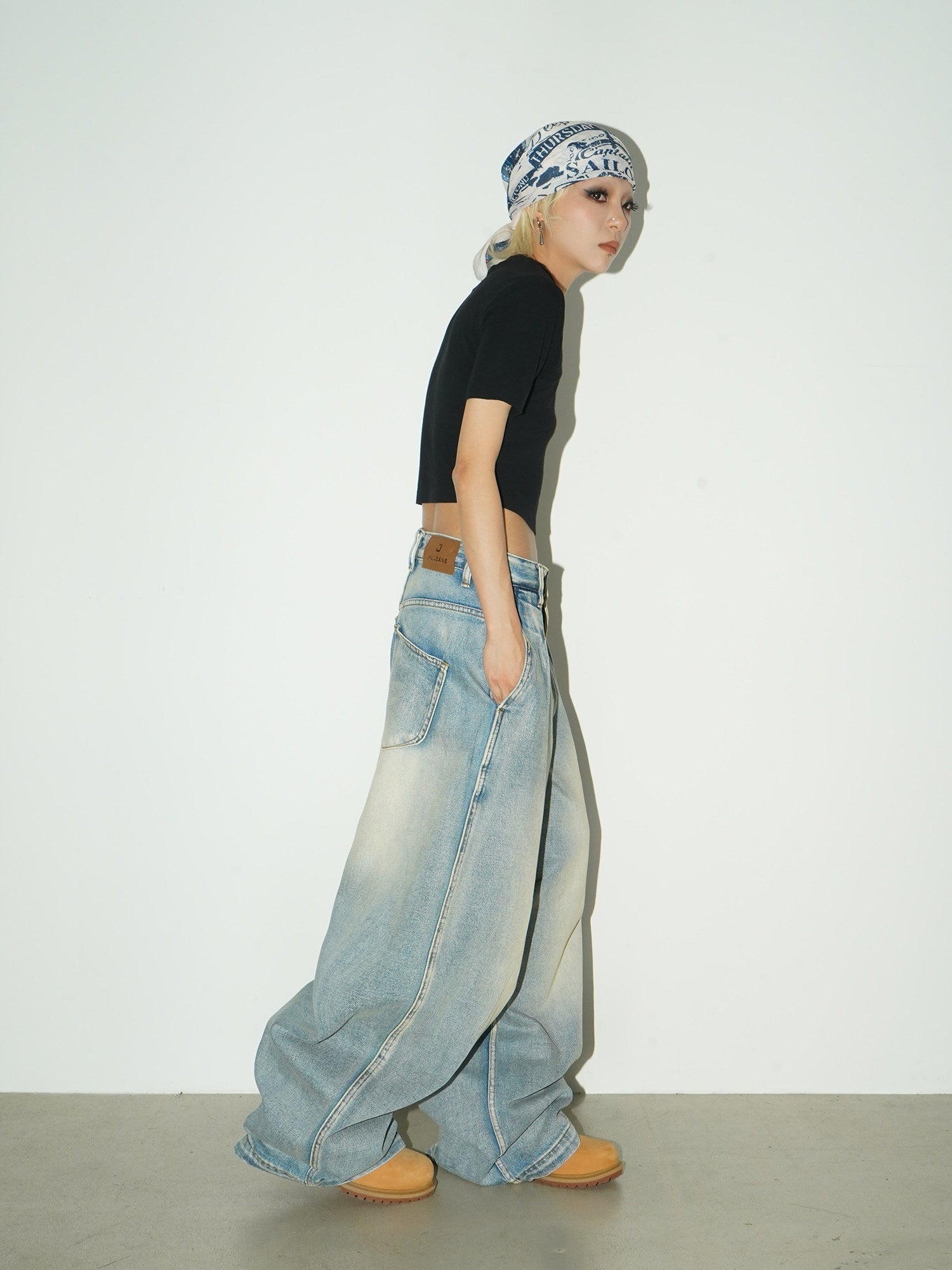 Washed Drape Wide Leg Denim Jeans