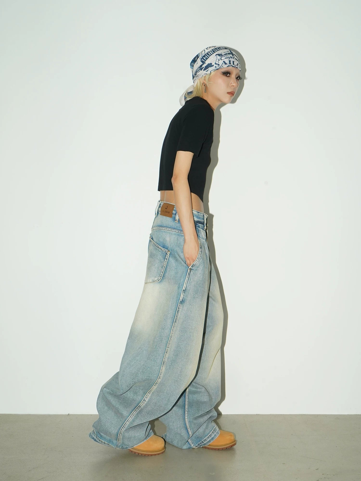 Washed Drape Wide Leg Denim Jeans