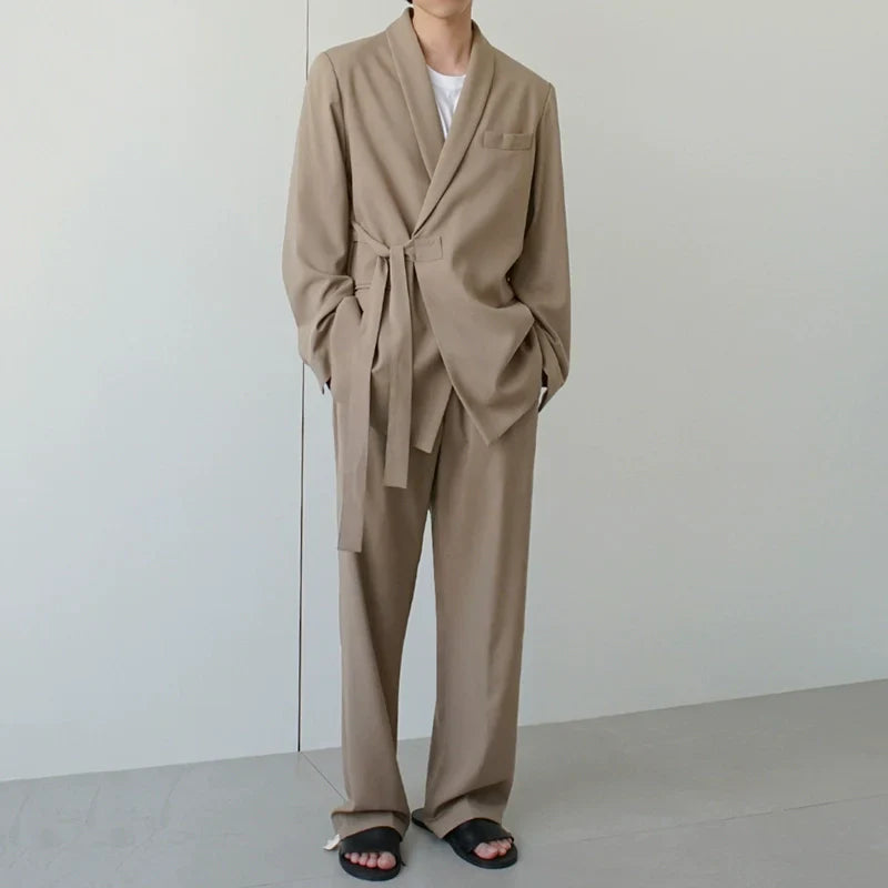 Oversize Belted Tailored Jacket & Wide-Leg Trousers Setup