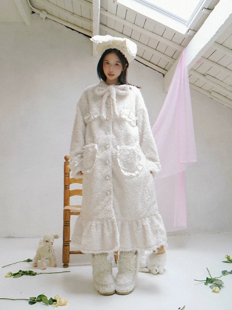 Plush Bow Ruffle Long Coat