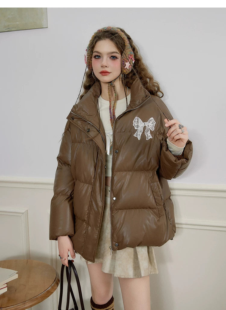 Fake PU Leather Stand Neck Lace Patchwork White Duck Down Jacket