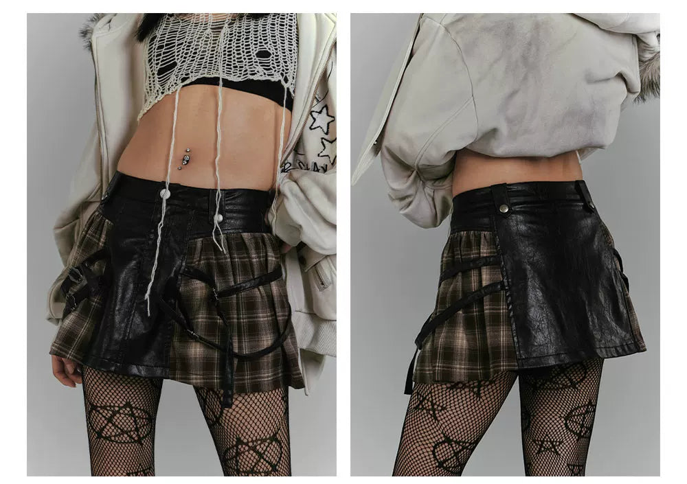 Plaid PU Leather Mix Patchwork Short Skirt