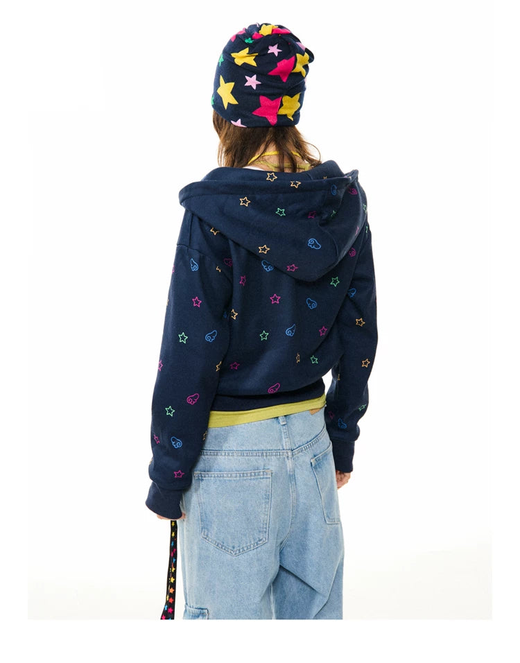 Star Print Fleece Zipper Hoodie