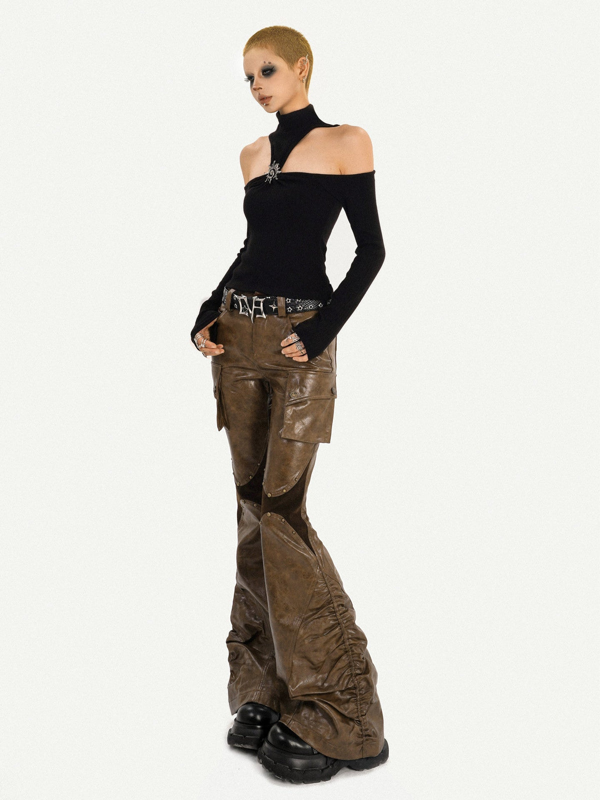 PU Leather Patchwork Fitted Flare Pants