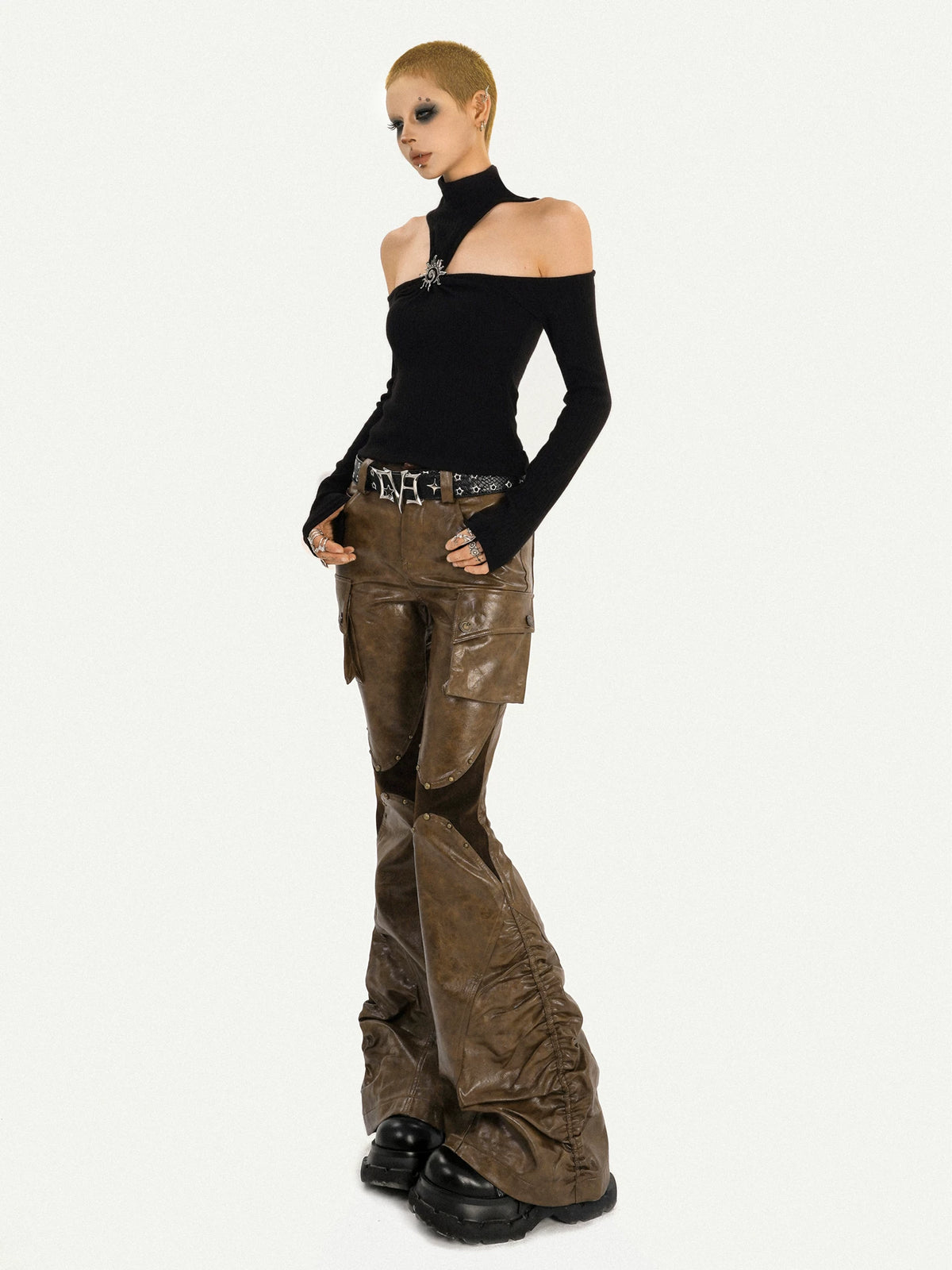 PU Leather Patchwork Fitted Flare Pants