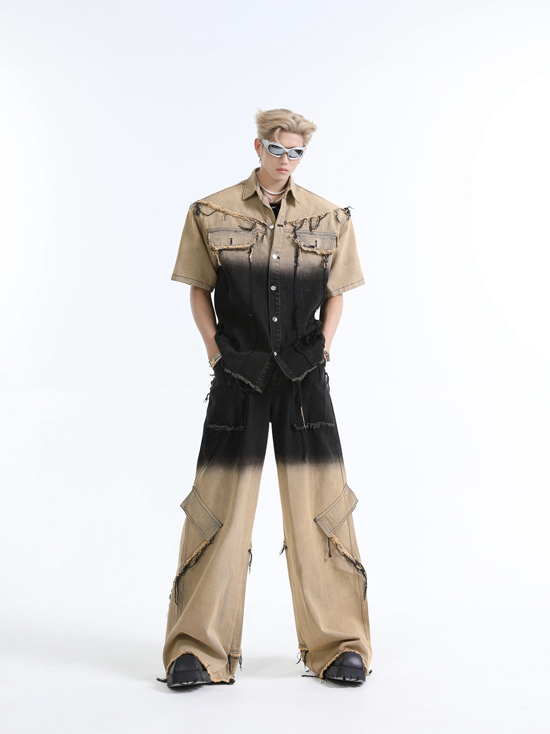 Washed Gradient Short Sleeve Denim Jacket & Wide-Leg Straight Denim Jeans Setup