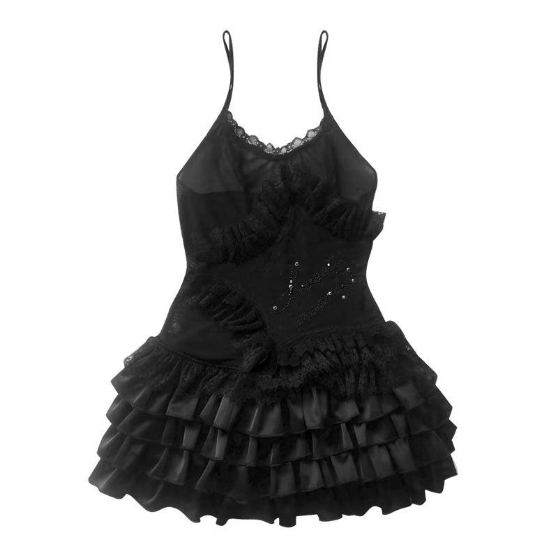 Lace Spaghetti Strap Tiered Ruffle Oversize Short Dress & Underwear Set
