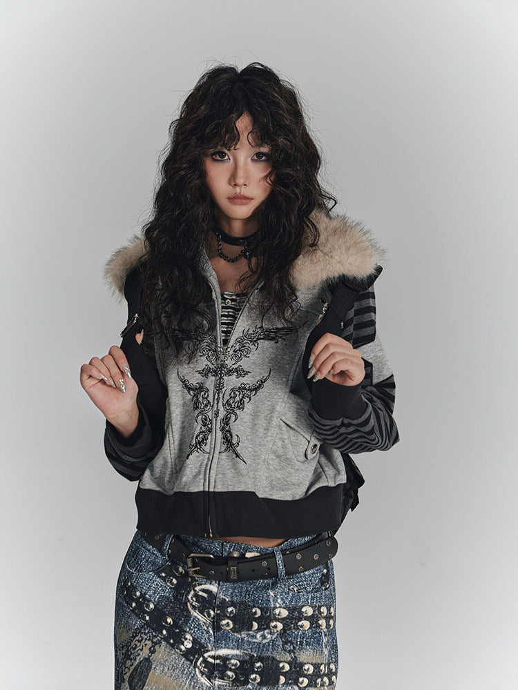 Fur Collar Patchwork Oversize Zipper Hoodie