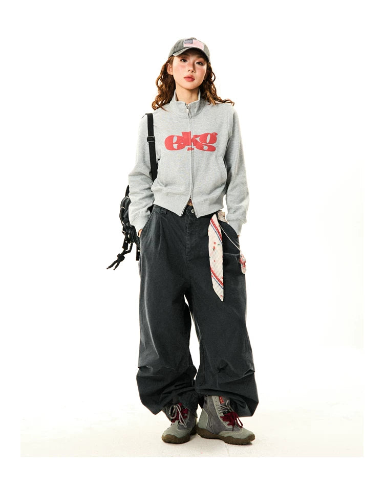 Letter Print Fitted Zipper Hoodie