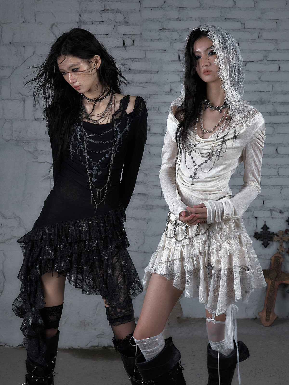 Lace Hooded Asymmetric Ruffle Dress