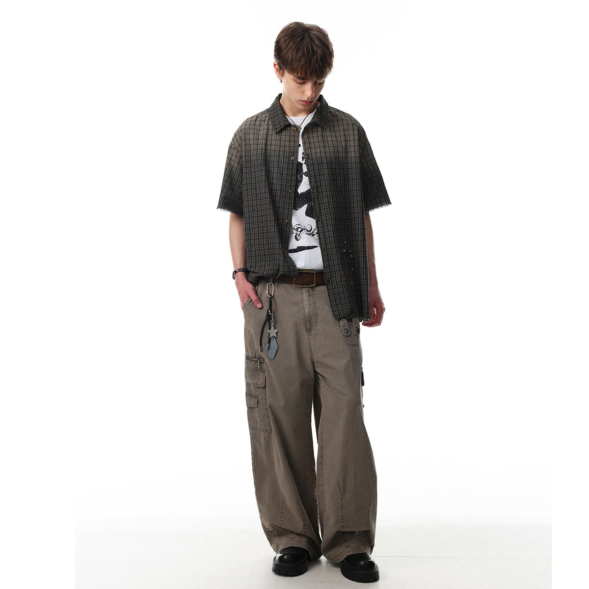 Plaid Cut Gradient Washed Short Sleeve Shirt