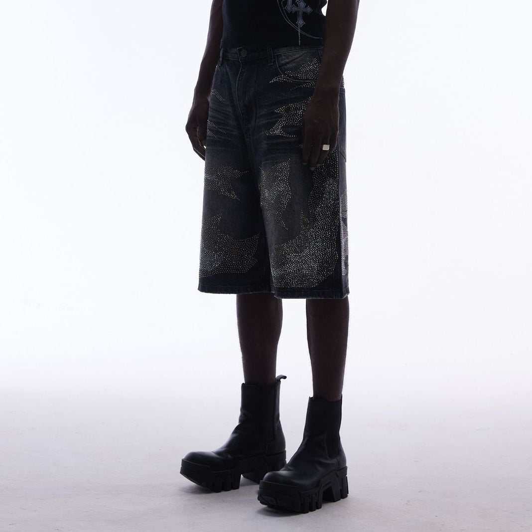 Rhinestone Camouflage Wash Denim Jort