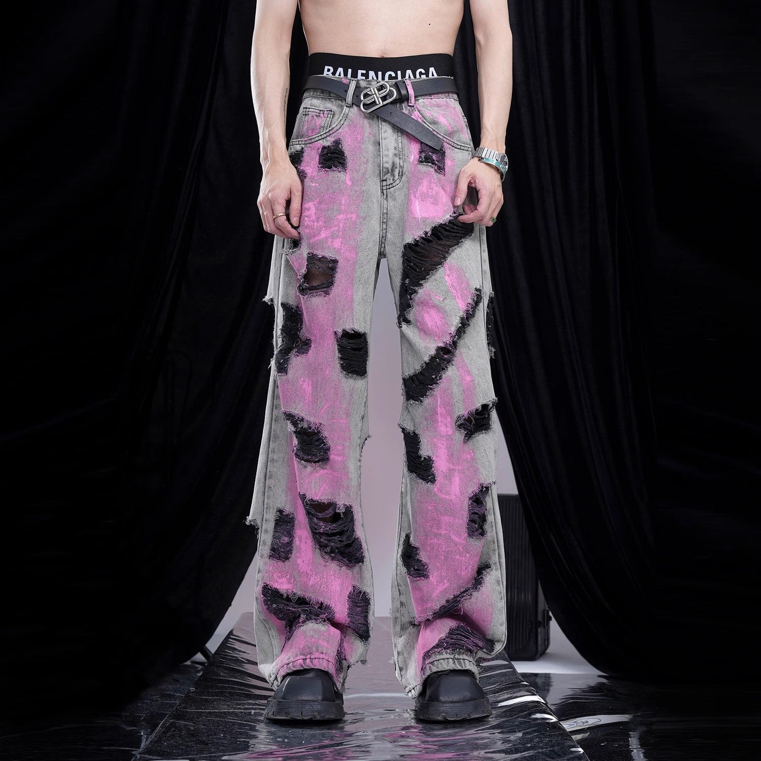 Washed Damage Denim Jacket  & Washed Graffiti Wide-Leg Denim Jeans Setup