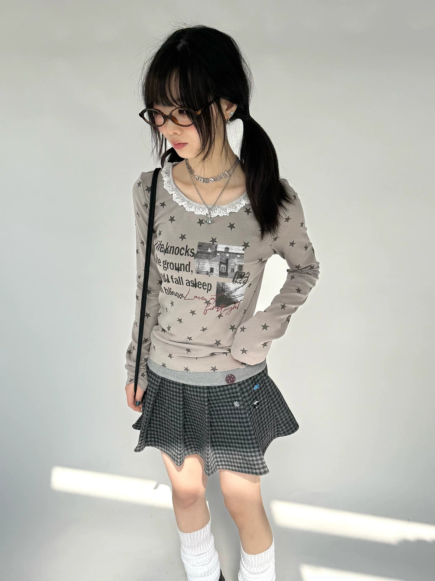 Star Print Lace Trim Fitted Long Sleeve T-Shirt