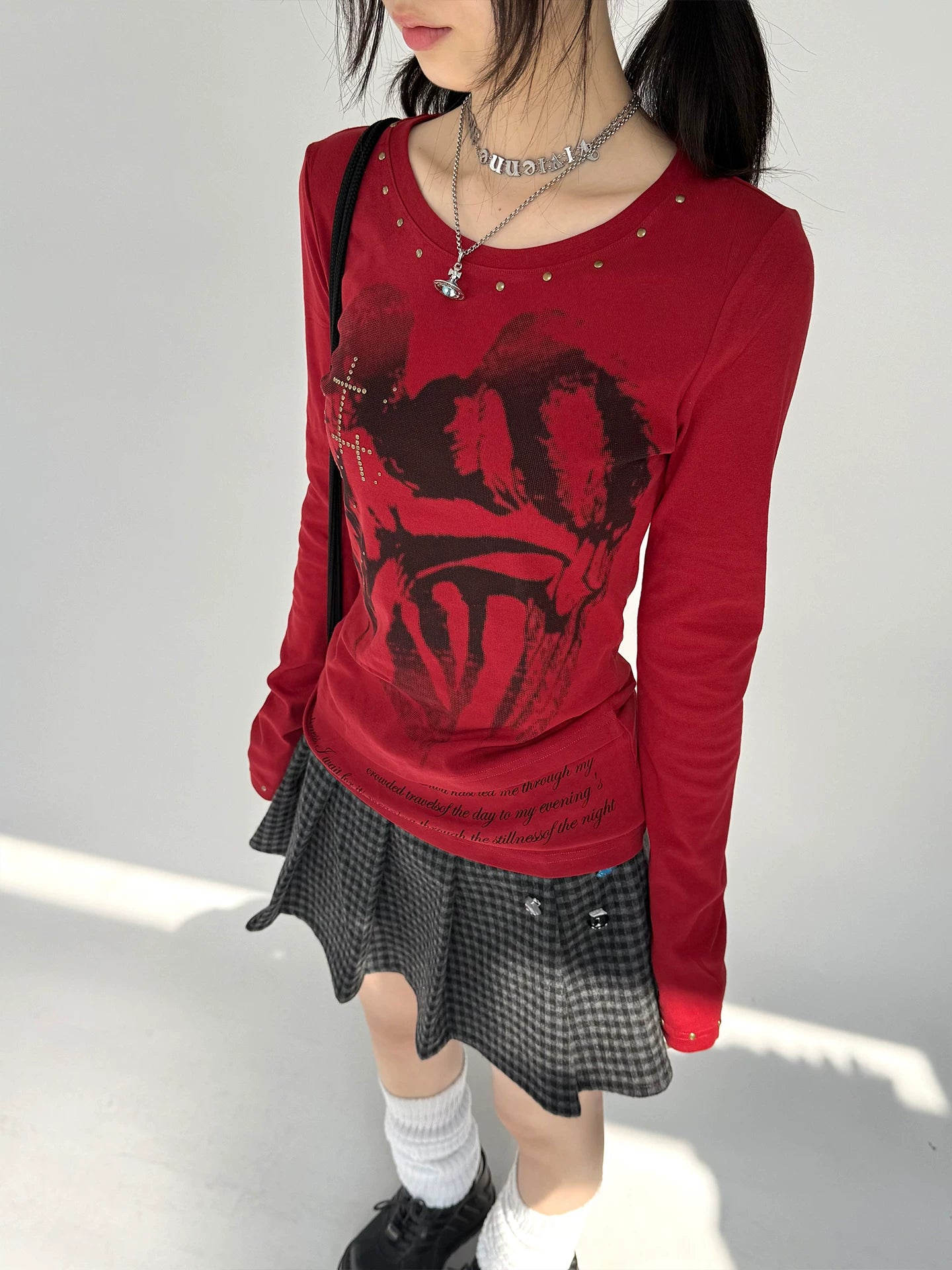 Cross Print Rivet Long Sleeve T-Shirt