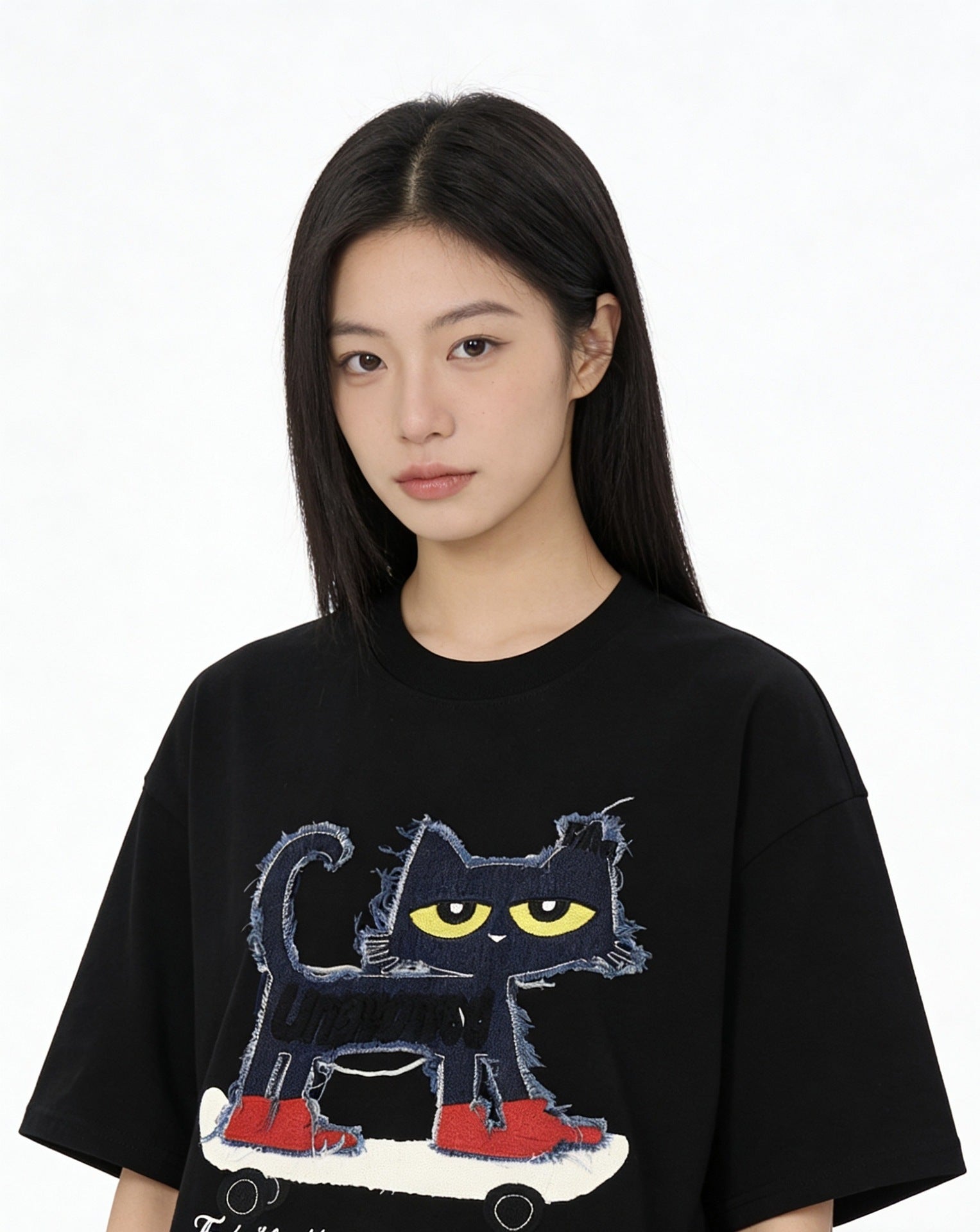 Cat Applique Embroidery Short Sleeve T-Shirt
