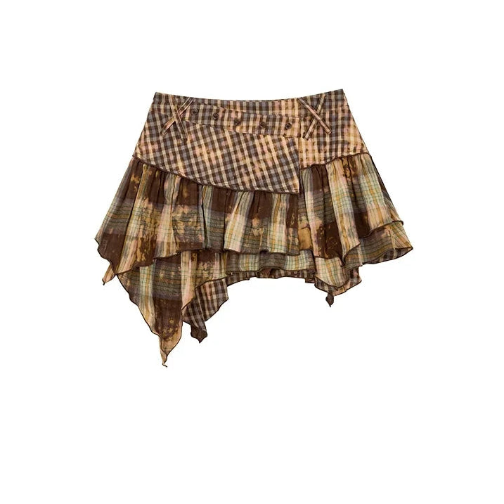 Oversize Plaid Long Sleeve Shirt & Short Skirt & Scarf Setup