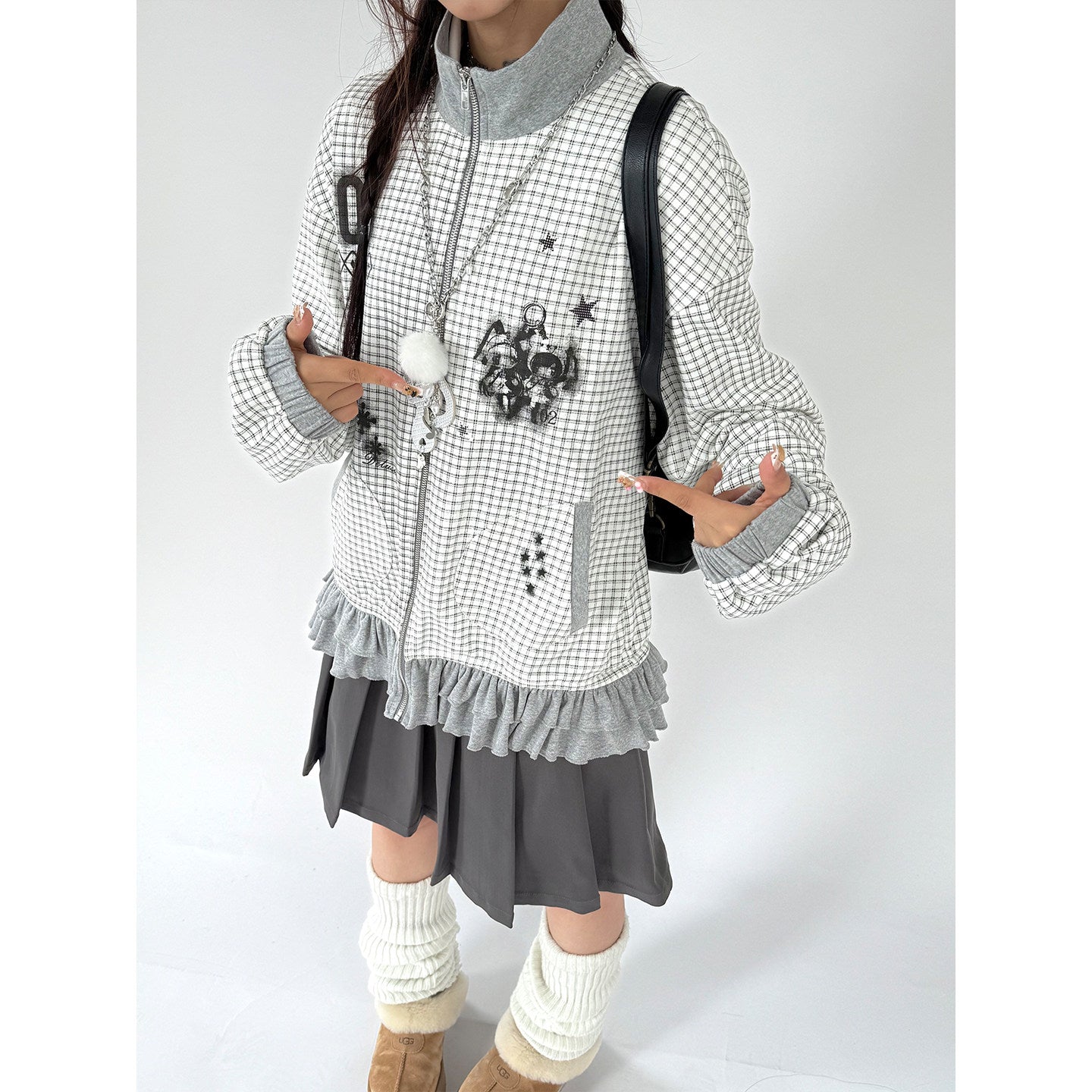 Checkered Ruffle Hem Oversize Zipper Hoodie
