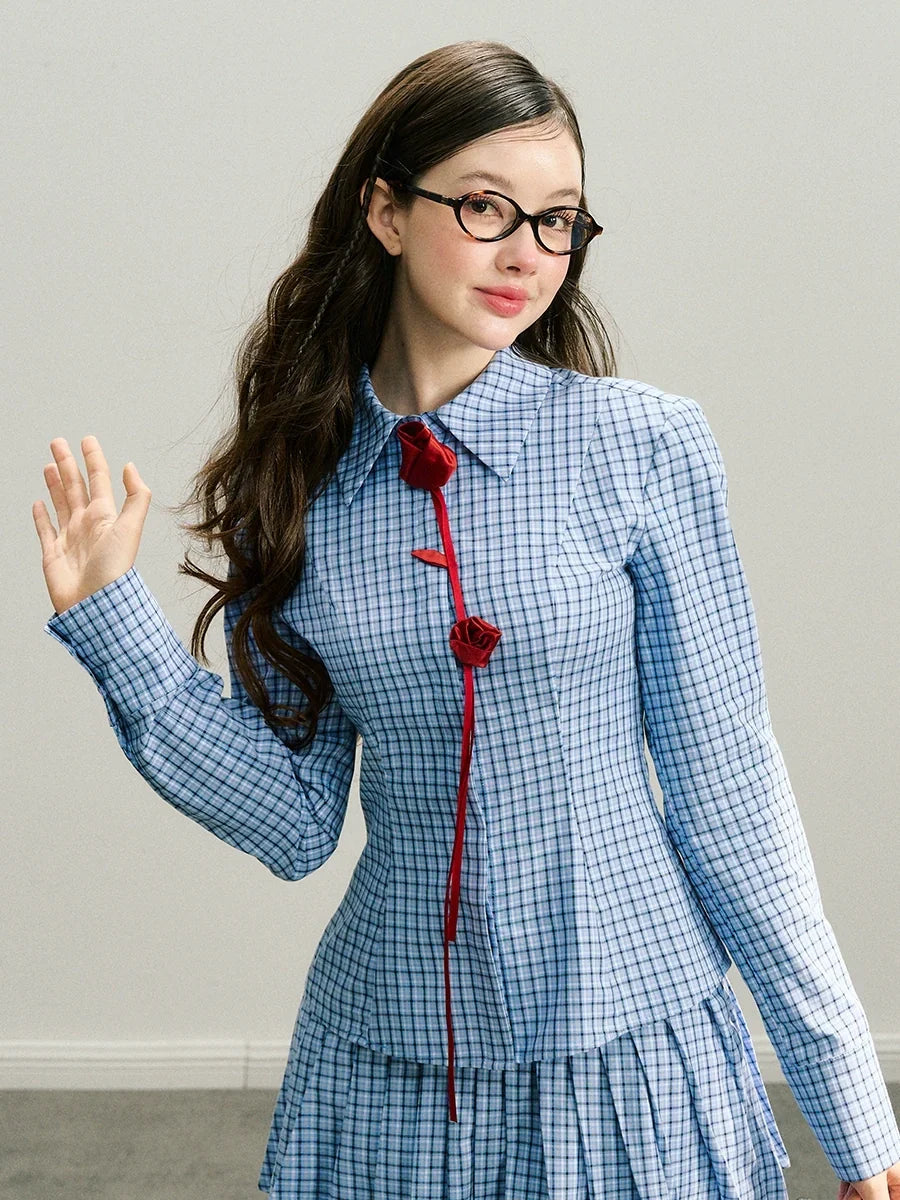 Handmade Rose Plaid Long Sleeve Shirt & Short Pleated Skirt Setup
