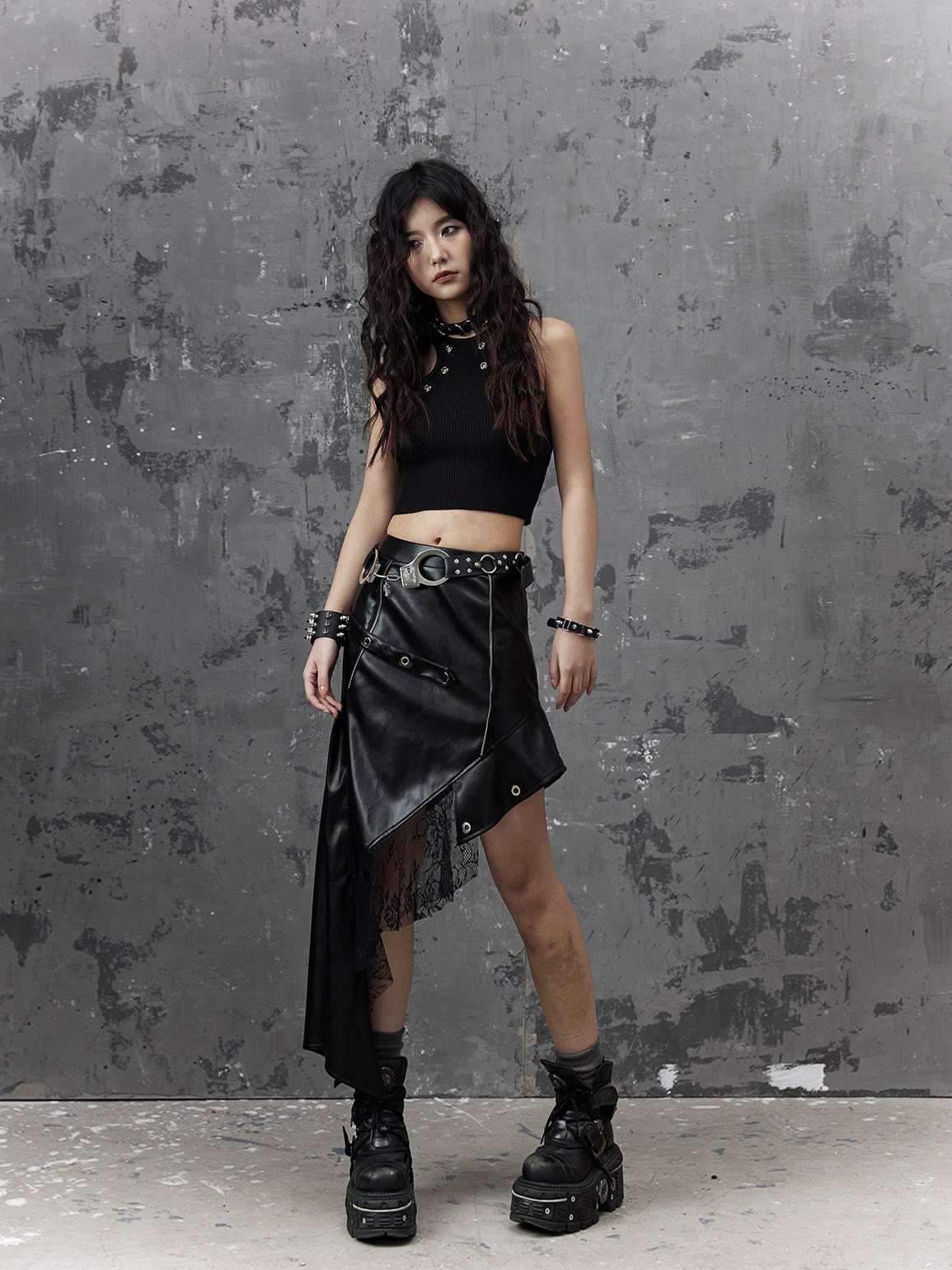 Asymmetric PU Leather Mesh Patchwork Skirt