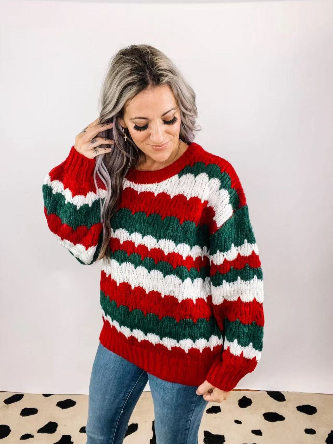 Christmas Crew Neck Striped Color-Blocked Sweater