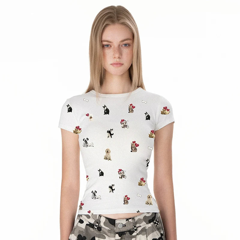 Round Cat & Dog Print T-Shirt