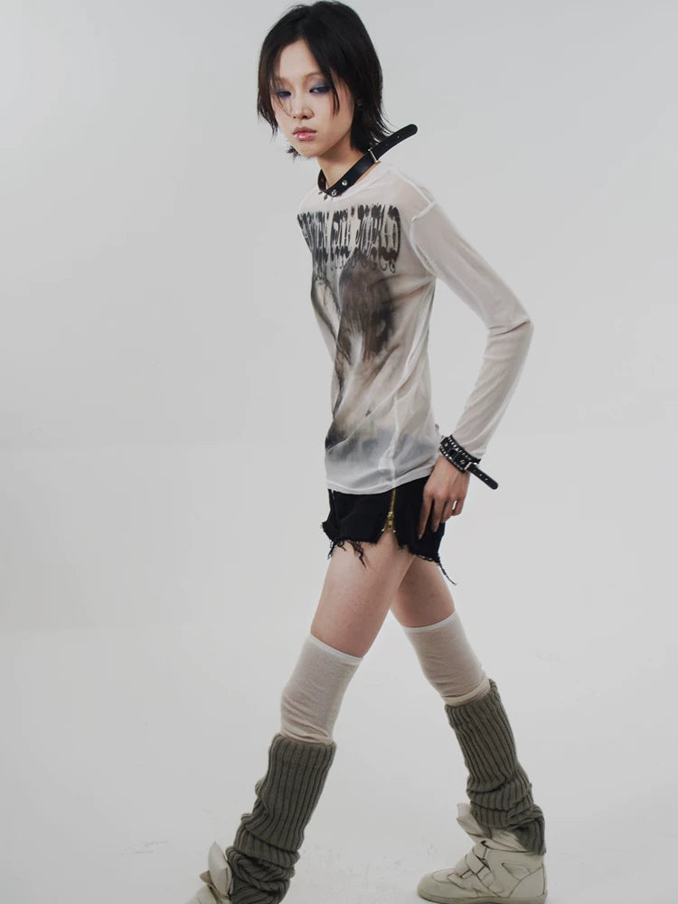 Goth Emo Artist Collaboration Mesh Long Sleeve T-Shirt