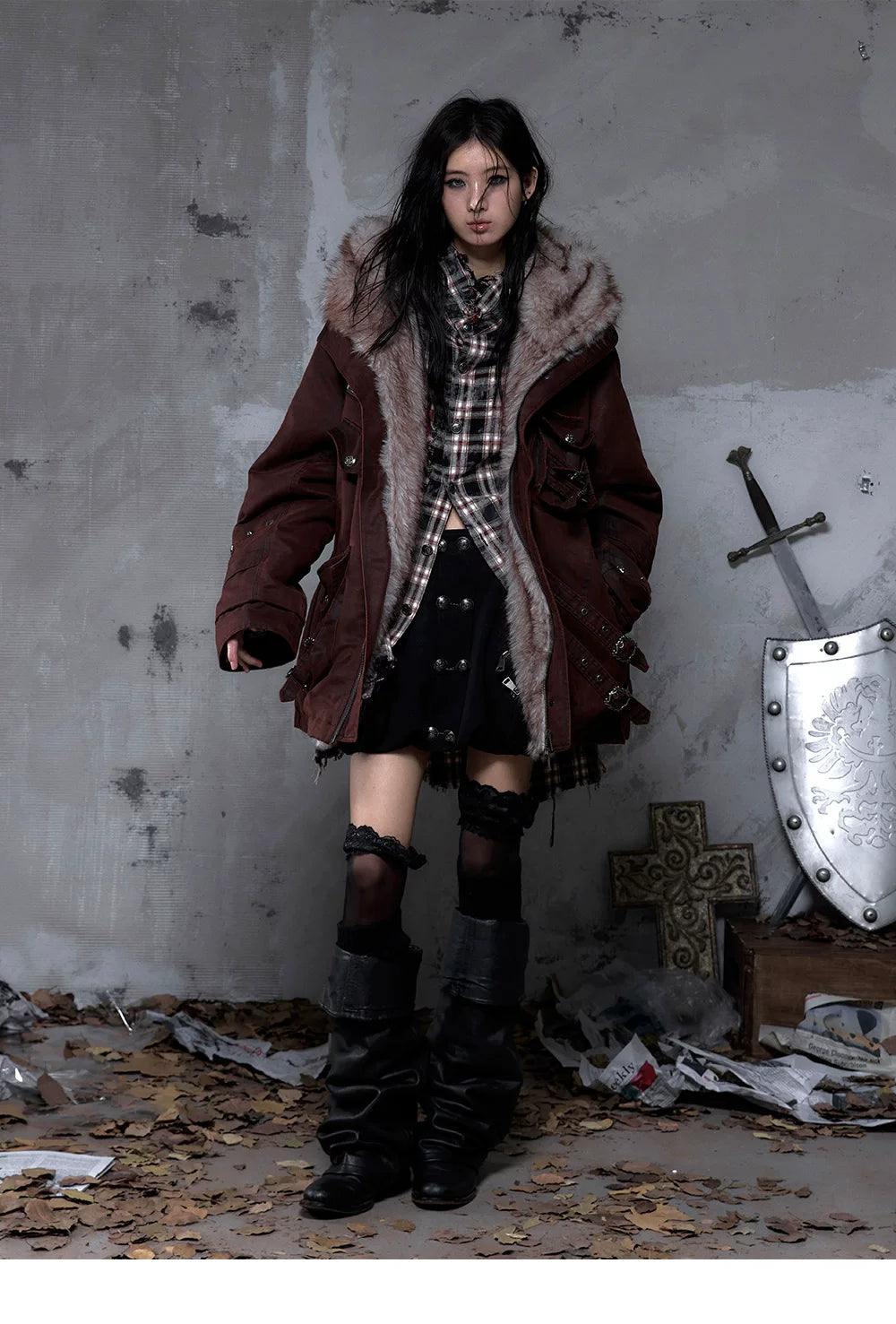 Fake Fur Hooded Multi-Pocket Buckle Detail Jacket